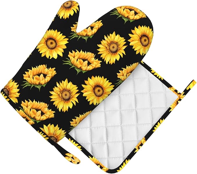 Sunflower Oven Mitts and Pot Holders Sets, Home Silicone Heat Resistant BBQ Gloves for Kitchen Baking Cooking Grilling Microwave