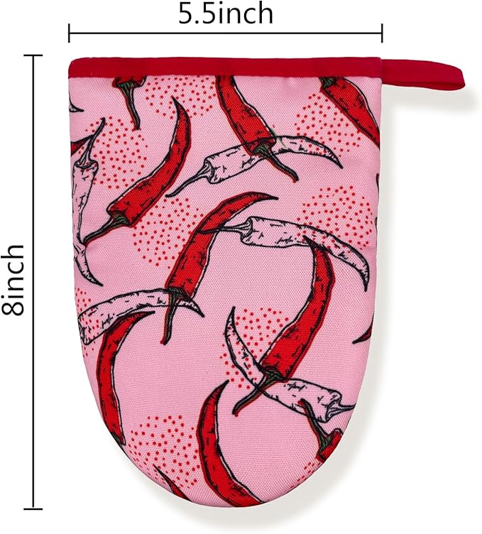 Mexican Hot Peppers Chili Pink Red Mini Silicone Oven Mitts, Heat Slip Resistant Kitchen Gloves 2-Pack Set, Soft Short Small Oven Mittens Pot Holders for Baking Grilling Barbecue Microwave Gift