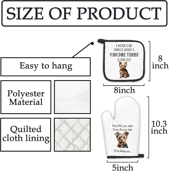 Yorkshire Terrier Gifts Dog Oven Mitts and Pot Holders Sets, Yorkshire Terrier Dog Decor Kitchen Accessories Sets, Complete Without Dogs Heat Resistant Oven Glove Potholders for Kitchen Baking