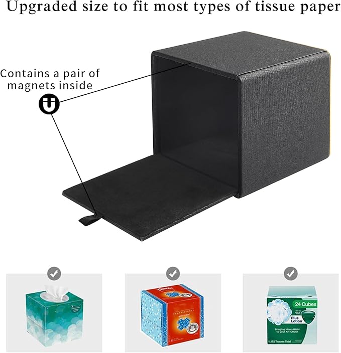 RHCSZ Linen Square Tissue Box Cover,Cube Tissue Box Holder－Excellent Rosegold Leather Decoration,Table Napkin Case Dispenser,Facial Tissues Organizer with Magnetic Bottom for Home Office Car(Black)