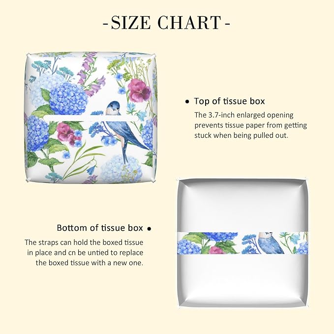 POIUBLE Leather Tissue Box Holder Bird with Blue Hydrangea Tissue Box Cover Square Waterproof Tissue Holder Organizer Modern Napkin Holder for Bedroom Dresser Night Stand Office Desk