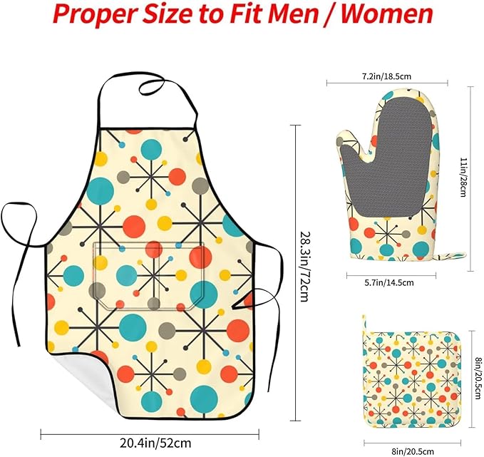 Mid Century Fifties Modern Atomic Retro Colors Oven Mitts and Pot Holders With Apron Set of 5 Silicone Kitchen Mitten and Non-Slip Potholders Apron Set Heat Resistant Oven Gloves Hot Pads Set