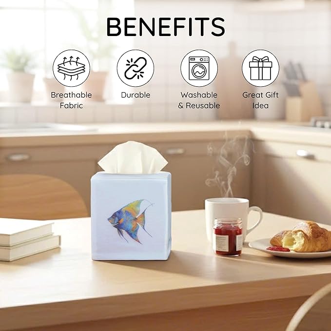 EmbroideryLinen.VN Tissue Box Cover Set of 2, Square Cotton Tissue Holder, Printed Animal Pattern, 4.5x4.5x5.5 Inches, Decorative Holder for Bathroom, Living Room, Office (Fish)
