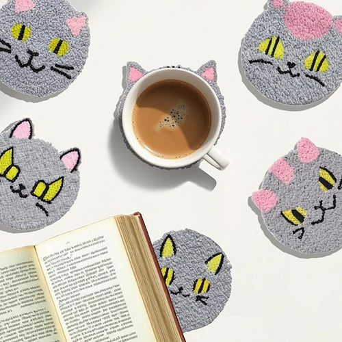 57lilina Punch Needle Coaster Kit for Adults Beginners, 6 Set Complete Animal Cat Punch Needle Stitching Embroidery Art Kit, Step-by-Step Guide Make Punch Needling Drink Coasters for Starter