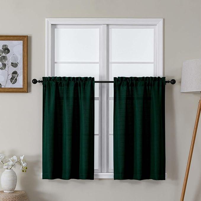 Lecloud Bessie Hunter Green Kitchen Curtains 36 Inch Length 2 Panels, Classic Faux Linen Cafe Short Curtains, Rustic Airy Tiers Window Treatments for Living Room Laundry Room, Each 30" W x 36" L