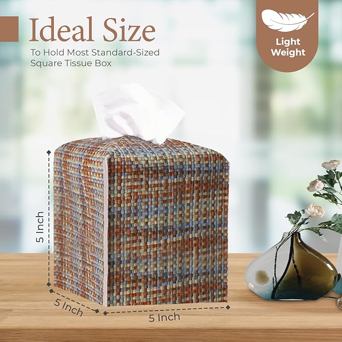 PU Leather Tissue Box Cover with Bottom Belt - Modern Square Tissue Box Holder with Wide Opening - Blue White Camel, Woven Patterns