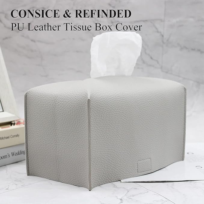 Livelab Tissue Box Cover, Modern Decorative PU Leather Rectangular Tissue Box Case Organizer Holder for Vanity Countertop, Night Stands, Livingroom, Office Desk & Car 9.5X5X5'' | Pastel Grey