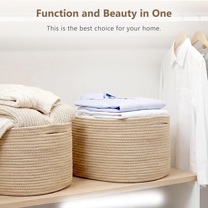 ECDYQXVU Cotton Rope Storage Basket, 15x10x9 Inches, Woven Basket for Shelves, Clothes, Towels, Books, and Laundry, Jute Brown (2 Pack)