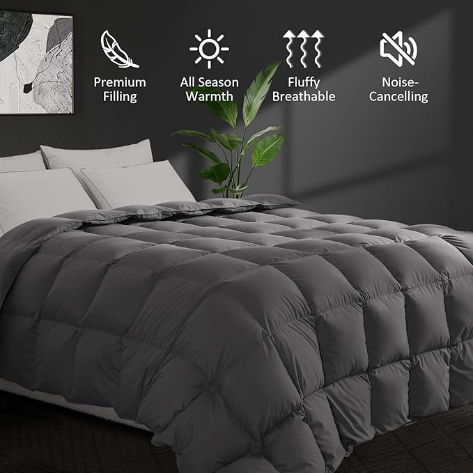 Dreamhood Down Feather Fiber Comforter Queen Size Fluffy Breathable Dark Grey Duvet Insert Ultra Soft All Season Luxury Bedding Comforter with Corner & Center Loops (90"x90")