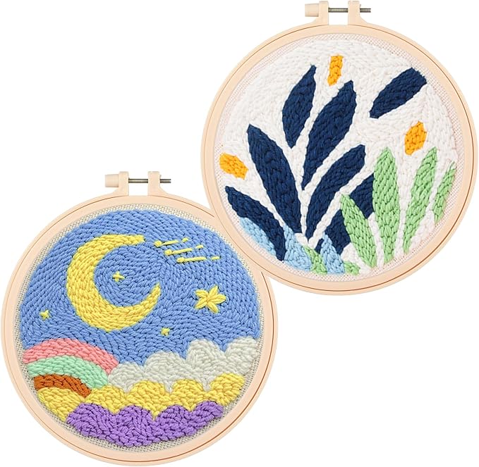 Cheloment 2 Sets Punch Needle Kits with 5mm/3.5mm Punch Needle,Fabric,Threader, Yarns and Hoops Embroidery Starter Kit for Adults Beginner, Perfect for DIY Craft and Decoration (Moon&Leaf)