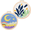 Cheloment 2 Sets Punch Needle Kits with 5mm/3.5mm Punch Needle,Fabric,Threader, Yarns and Hoops Embroidery Starter Kit for Adults Beginner, Perfect for DIY Craft and Decoration (Moon&Leaf)