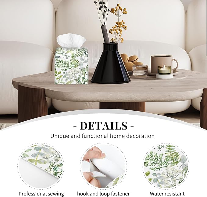 POIUBLE Green Leaves and Fern Tissue Box Cover Leather Tissue Box Holder Square Facial Paper Organizer Dispenser for Bathroom Kitchen Bedroom Vanity Countertop Night Stands