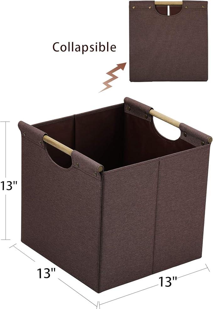HOONEX Collapsible Storage Bins, 13x13x13 Inches Storage Cubes Linen Fabric, 3 Pack, Storage Baskets with Wooden Carry Handles and Sturdy Heavy Cardboard, for Home, Office, Car, Nursery, Brown