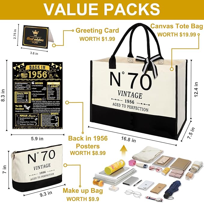 YeohJoy 70th Birthday Gifts for Women Canvas Tote Bag Travel Gear, Unique 70 Years Old Gifts for Wife Mom Sister Aunt Friends Her, Vintage N°70 Handbag & Cosmetic Bag & Back in 1956 Poster