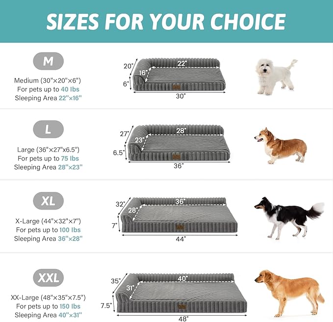 COZY KISS Cute Dog Bed, Faux Rabbit Fur Orthopedic Foam Dog Bed with Sides, Removable Washable Cover & Waterproof Lining, Comfortable Pet Couch for Extra Large Dogs, Grey (48" L x 35" W x 7.5" Th)