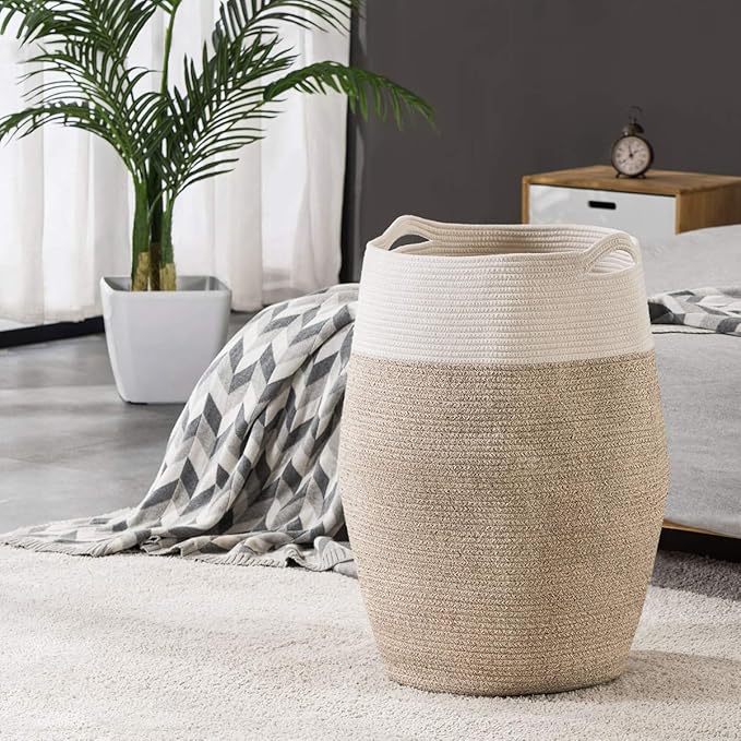 Cotton Rope Laundry Hamper by YOUDENOVA, 105L - Woven Collapsible Basket Clothes Storage for Blankets, Room Organizing, Bedroom Storage, – Brown & White