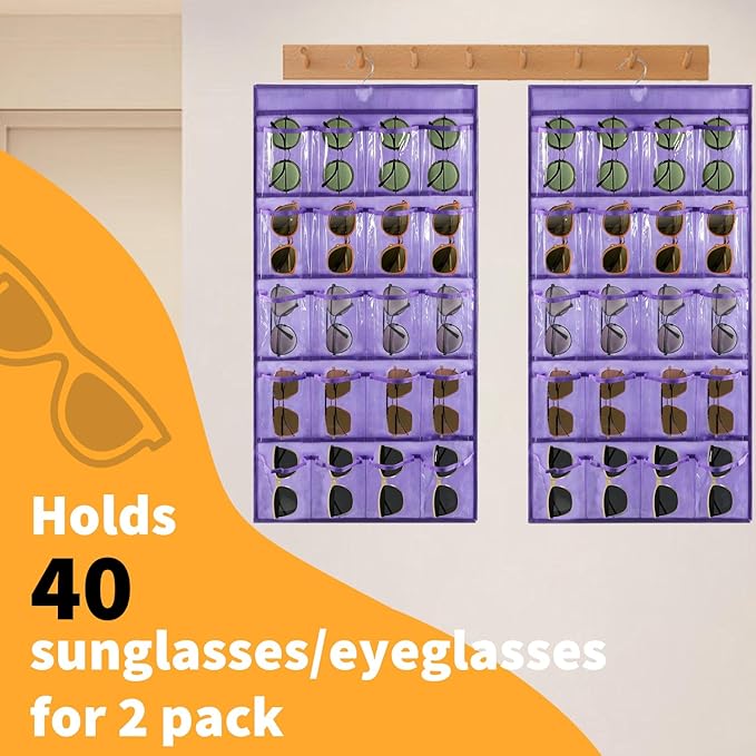 TEMUORG 2 Pcs Sunglasses Organizer Storage Sunglass Holder for Wall Hanging Eyeglass Organizer for Multiple Glasses with 40 Clear Slots (PURPLE)