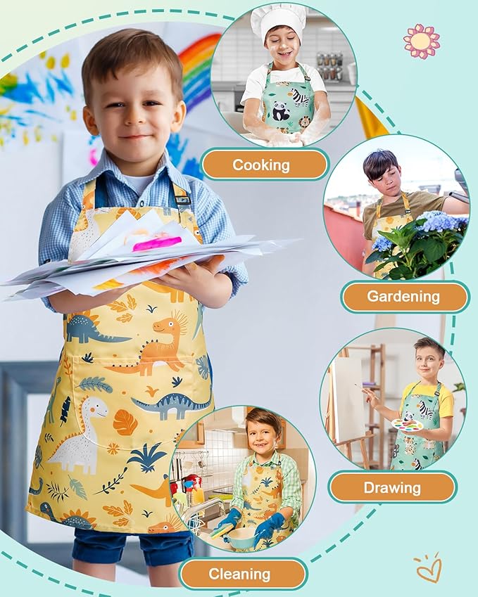 Lictin 2 Pack Kids Apron Girls Boys for Cooking, Waterproof Art Apron with Pockets for Kids Painting Cooking Baking