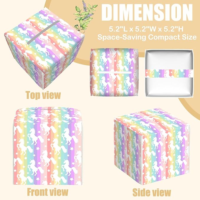Leather Tissue Box Holder Unicorn Silhouette on Rainbow Stripes Tissue Box Cover Facial Paper Case Organizer Cube Napkin Dispenser for Bathroom Vanity Countertop Night Stand Office Car