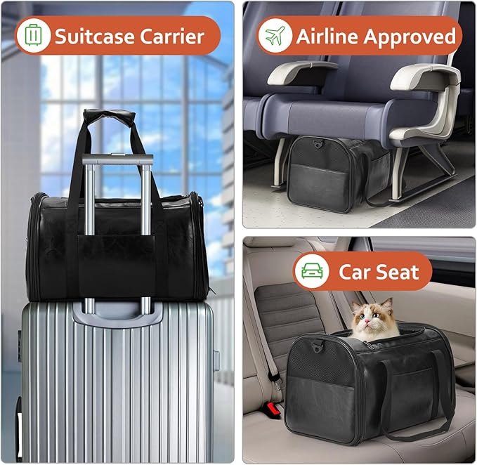 Lasaviin Fashion Leather Dog Carrier Cat Carrier Airline Approved Pet Carrier for Small Medium Dogs Cats Under 15Lbs, Collapsible Soft Sided Travel Puppy Carrier