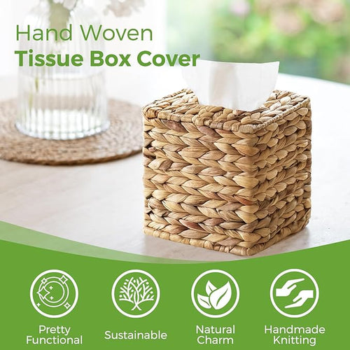 2 Pack Rattan Tissue Box Cover Square, Wicker Tissue Box Holder Facial Tissues Boxes, Hand Woven Square Tissue Box Cover Tissue Holder for Bathroom, Natural