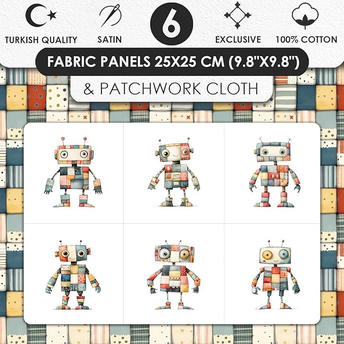 Robot Patchwork Cotton Fabric Panel – 6 Designs (10×10 inch Each) + Bonus Patchwork Sheet 29.5×19.6 inch, 100% Cotton 140 GSM, Made in Turkey