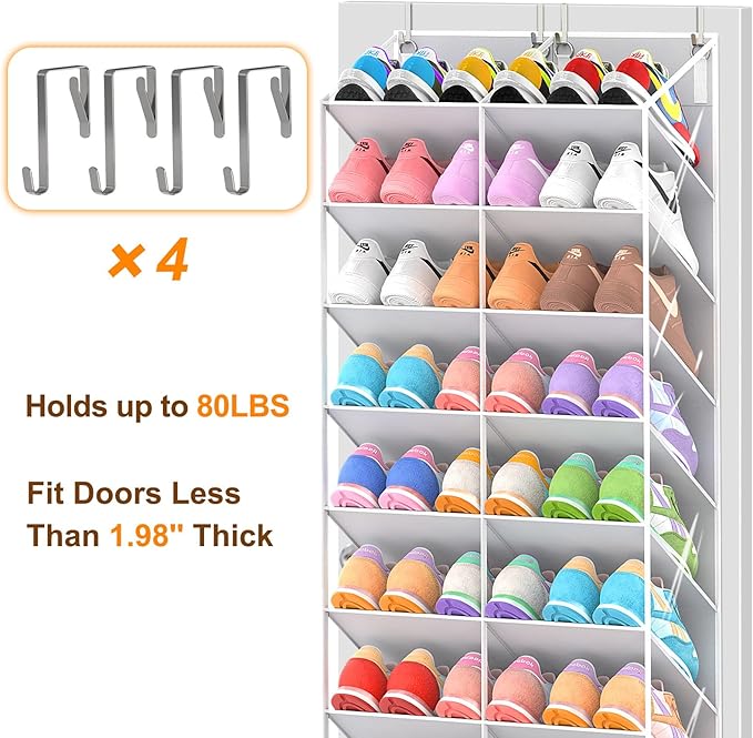 UVIAHOMI 30 Pairs Over the Door Shoe Organizer, Clear Pockets Hanging Shoe Storage for Closet, 10-Tier Door Shoes Rack Storage Fit All the Family's Sneakers, Boots, Heels, Light Grey