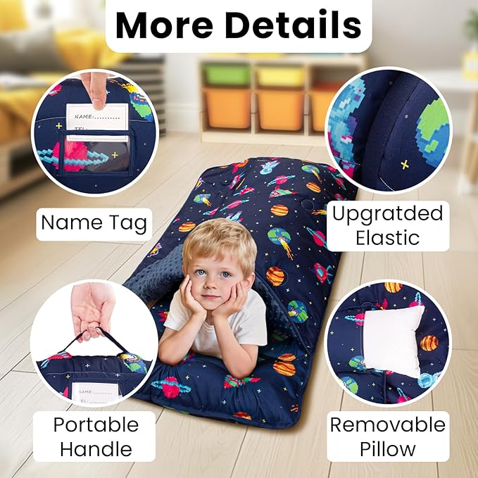 Beavtaens Toddler Nap Mat with Pillow and Minky Blanket, Large 55"x35" Sleeping Bag, Washable, Lightweight, Easy to Roll, Perfect for Preschool, Daycare, Kindergarten, Travel, Boys and Girls(Space)