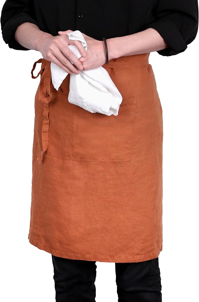 Pure Linen Bistro Half Apron - 25 x 35 Inch Unisex Waist Aprons with Large Pocket Ideal for Kitchen Crafts and More