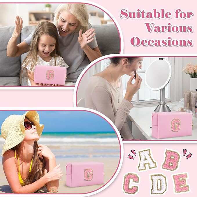 Personalized Initial A-Z Preppy Patch Makeup Bag,Small PU Leather Chenille Letter Cosmetic Bag with Zipper for Teen Girls,Pink Cute Travel Toiletry Bag,Birthday Monogrammed Gift for Daughter,Letter G