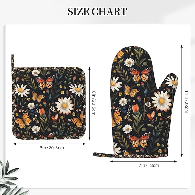 Oven Mitts Pot Holders Set Vintage Butterfly Daisy Leaf Silicone Kitchen Gloves Potholders Heat Resistant for Chef Baking Cooking Grilling BBQ 4 Pack Mitt