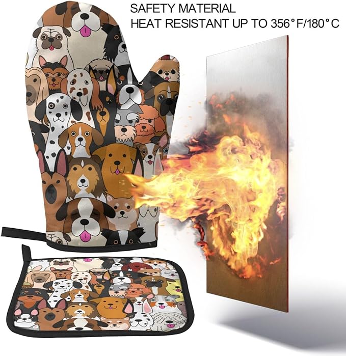 Cute Dogs Oven Mitts and Pot Holders Insulated Gloves & Kitchen Counter Safe Mats for Cooking BBQ Baking Grilling (2-Piece Set)