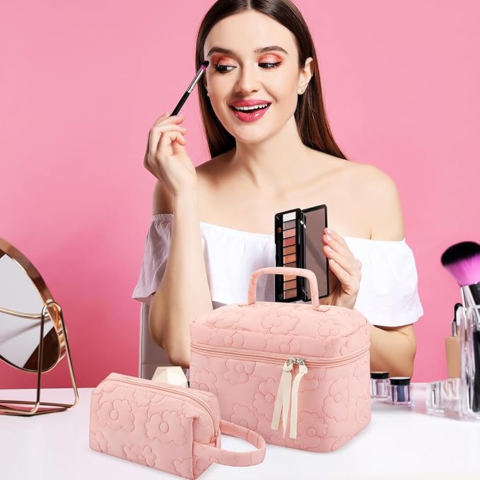 Paterr Makeup Bag Set 3 Pcs Large Quilted Cotton Make up Bags for Women Cosmetic Travel Toiletry Organizer Pouch Cute Aesthetic Storage Purse(Pink,Pink Flower)
