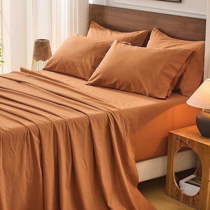 Bedlifes 100% French Flax Linen Sheets Set California King Size-6 Piece Extra Deep Pocket 18-24",Soft Breathable Cal King Bed Sheets with Temperature Regulating & Moisture-Wicking(Brown