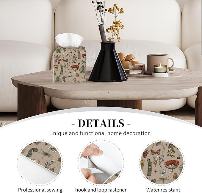 POIUBLE Woodland Fern Mushroom Tissue Box Cover Leather Tissue Box Holder Square Facial Paper Organizer Dispenser for Bathroom Kitchen Bedroom Vanity Countertop Night Stands
