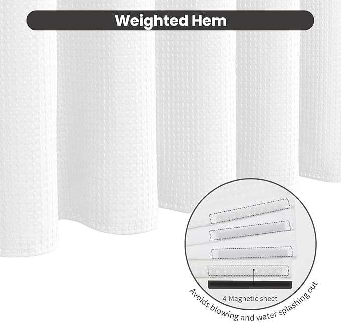 Inhousolu No Hook Waffle Weave Shower Curtain with Removable Snap in Fabric Liner Set for Bathroom, 230 GSM Heavy Duty Weighted Hem, Water Repellent Washable Bath Curtains, 60 x 72 Inch, White
