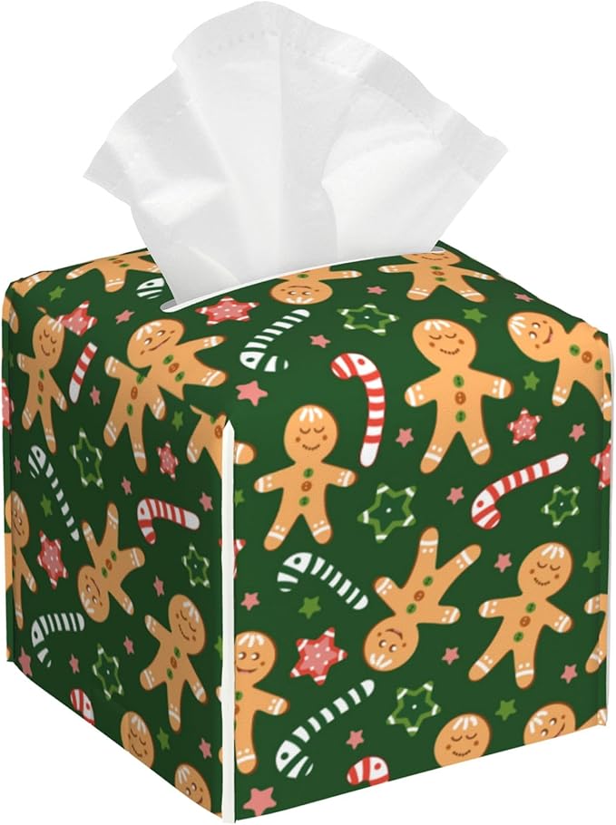 Candy Canes and Stars Leather Tissue Box Holder Christmas Green Gingerbread Tissue Box Cover Square Waterproof Tissue Holder Organizer Modern Napkin Holder for Bedroom Dresser Night Stand Office Desk