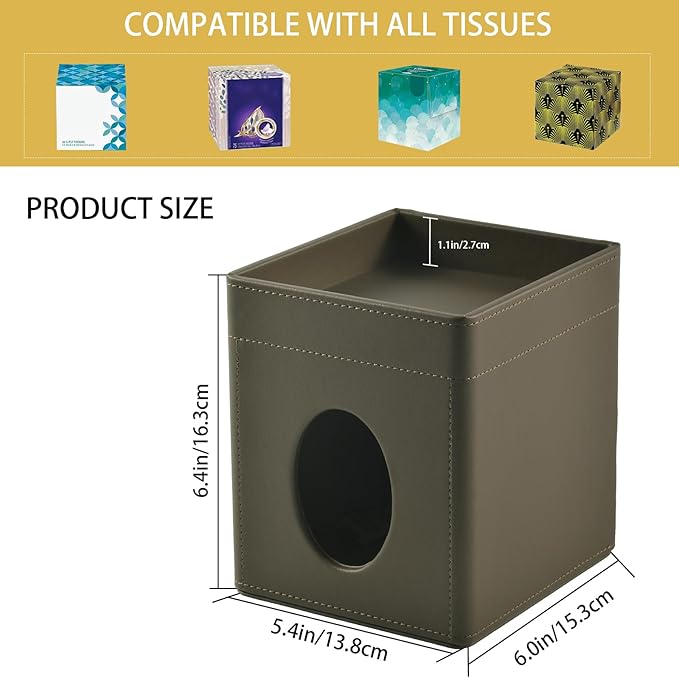 XNONE Tissue Box Cover Square Tissue Box Holder PU Leather Facial Tissues Organizer with Storage Tray for Bathroom Vanity Bedroom Office Car,Stylish Napkin Caddy Decorative Organizer (Olive-Green)
