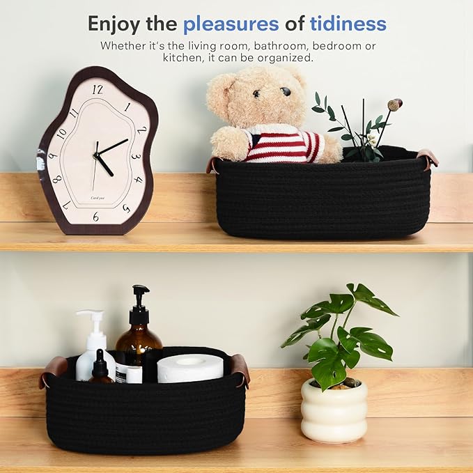 ECDYQXVU 5 Piece Storage Baskets Small Woven Basket with Detachable Leather Handle, Cotton Rope Shelf Baskets for Closet Organizers, Different Sizes Basket Decor, Black