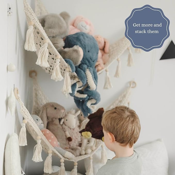 Sasa Baby and Toddler Macrame Toy Hammock for Stuffed Animals - Toy Hammock Net for Stuffed Animals Corner, Blue Nursery Decor, Plush Hammock, Hanging Stuffed Animal Organizer, Deep Sea Blue