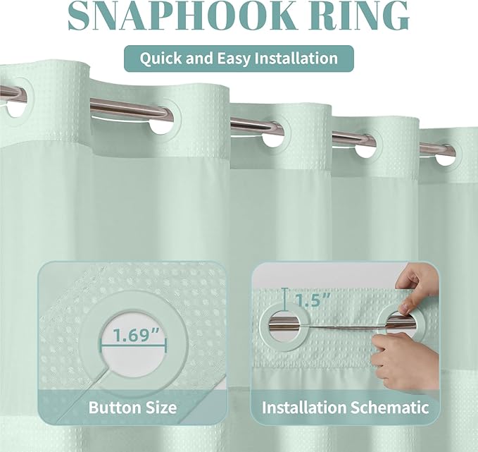 eachope MintGreen No Hook Waffle Weave Shower Curtain with snap-in Liner Replacement, 230GSM Waterproof Fabric Hotel Shower Curtain Set for Bathroom, Through Mesh Top Window,54Wx80H