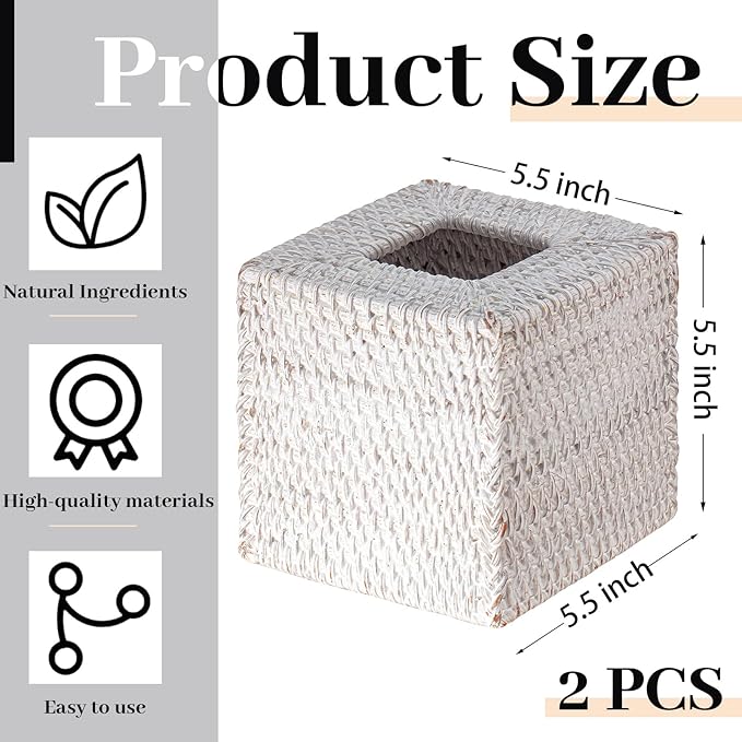 Kigley 2 Pcs Square Rattan Tissue Box Cover Boho Wicker Tissue Cube Box Cover 5.5'' x 5.5'' x 5.5'' Decorative Natural Wicker Hand Woven Napkin Box Holder Bathroom Office Car Accessories (White)