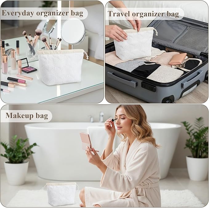 Thinp Quilted Makeup Bag, Cotton Makeup Pouch Coquette Quilted Toiletry Bag Portable Floral Cosmetic Bags Cute Seashell Travel Toiletry Pouch for Women and Girls (White)