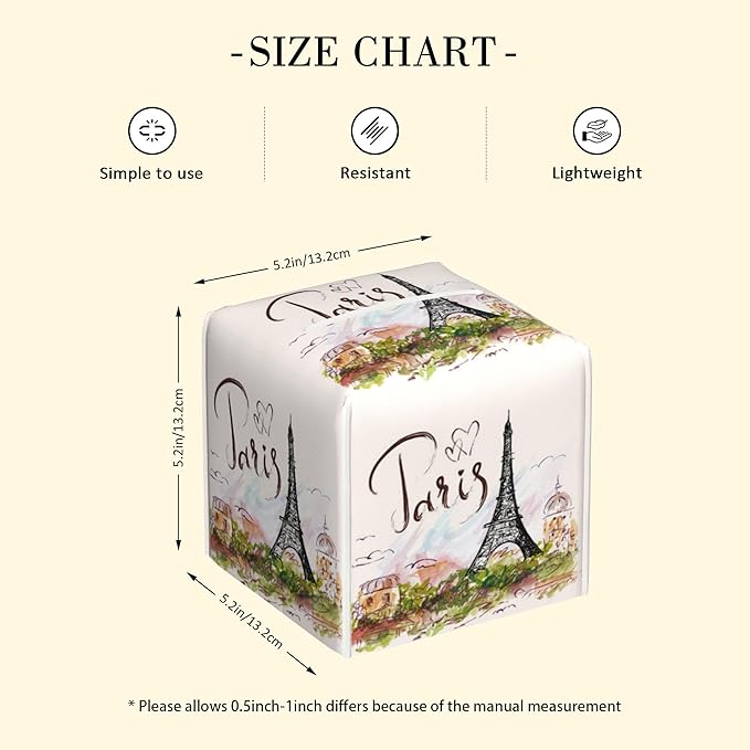 POIUBLE Leather Tissue Box Holder Paris Eiffel Tower Tissue Box Cover Square Waterproof Tissue Holder Organizer Modern Napkin Holder for Bedroom Dresser Night Stand Office Desk