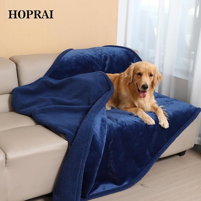 HOPRAI Dog Blanket, Waterproof Reversible Sherpa Fleece Throw Blanket, Furniture Cover for Bed, Couch, Sofa Protection from Liquid Pee and Pet Fur of Puppy, Cat (Navy Blue XS20*27inches)