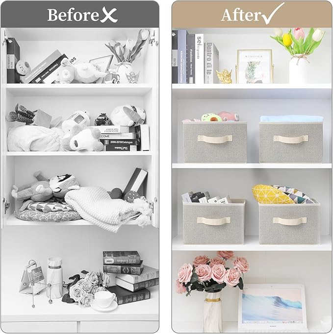 EITMOW Storage Baskets, 11-Inch Woven Fabric Bins, Storage Cubes with Reinforced Handles, Organizer Bins for Closet Shelves, Foldable, for Toys, Clothes, Natural Beige (4PCS/Beige-11*11*7.8inch)