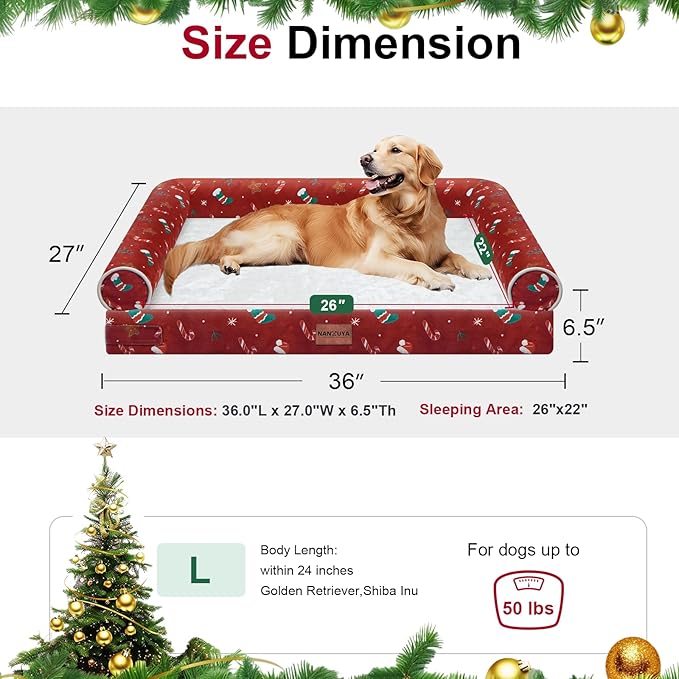 Large Dog Bed Orthopedic Washable: Christmas Pattern Big Dogs Beds with Bolster Puppy Sofa Couch Waterproof Removable Cover - Red
