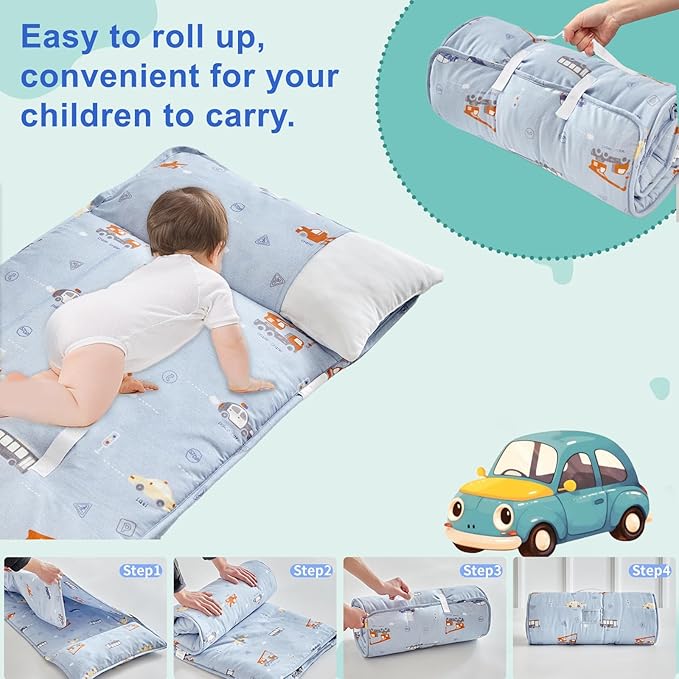 DuShow Cotton Toddler Nap Mat for Boys,Roll Up Slumber Bags Cars Pattern,Toddler Nap Mat with Removable Pillow and Blanket, Kids Sleeping Mat for Daycare,Preschool and Kindergarten-Blue