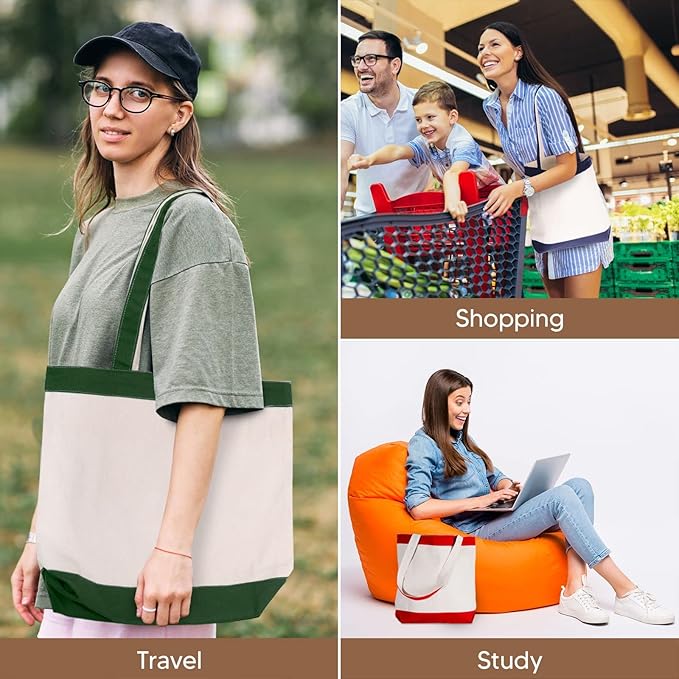 Canvas Tote Bags for Women - Large Aesthetic Eco-Friendly Reusable Grocery & Beach Tote, 16X14.5X4' Hunter Green/Black 2pk