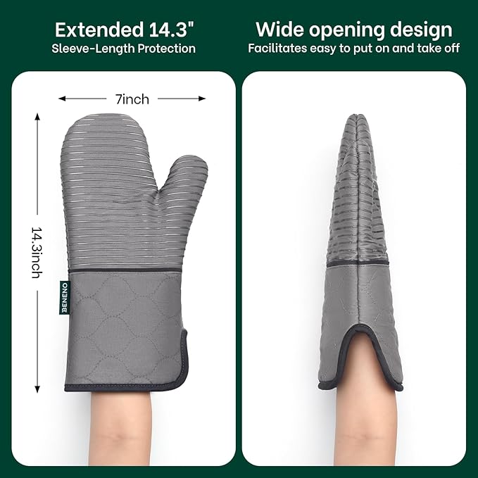 Beneno Kitchen Oven Mitts 2-Pack Heat Resistant to 500°F with Non-Slip Silicone Grip, Extra Long 14.3" Forearm Protection, Soft Quilted Cotton Terry Lining, Ideal for Cooking, Baking, Grilling, Gray